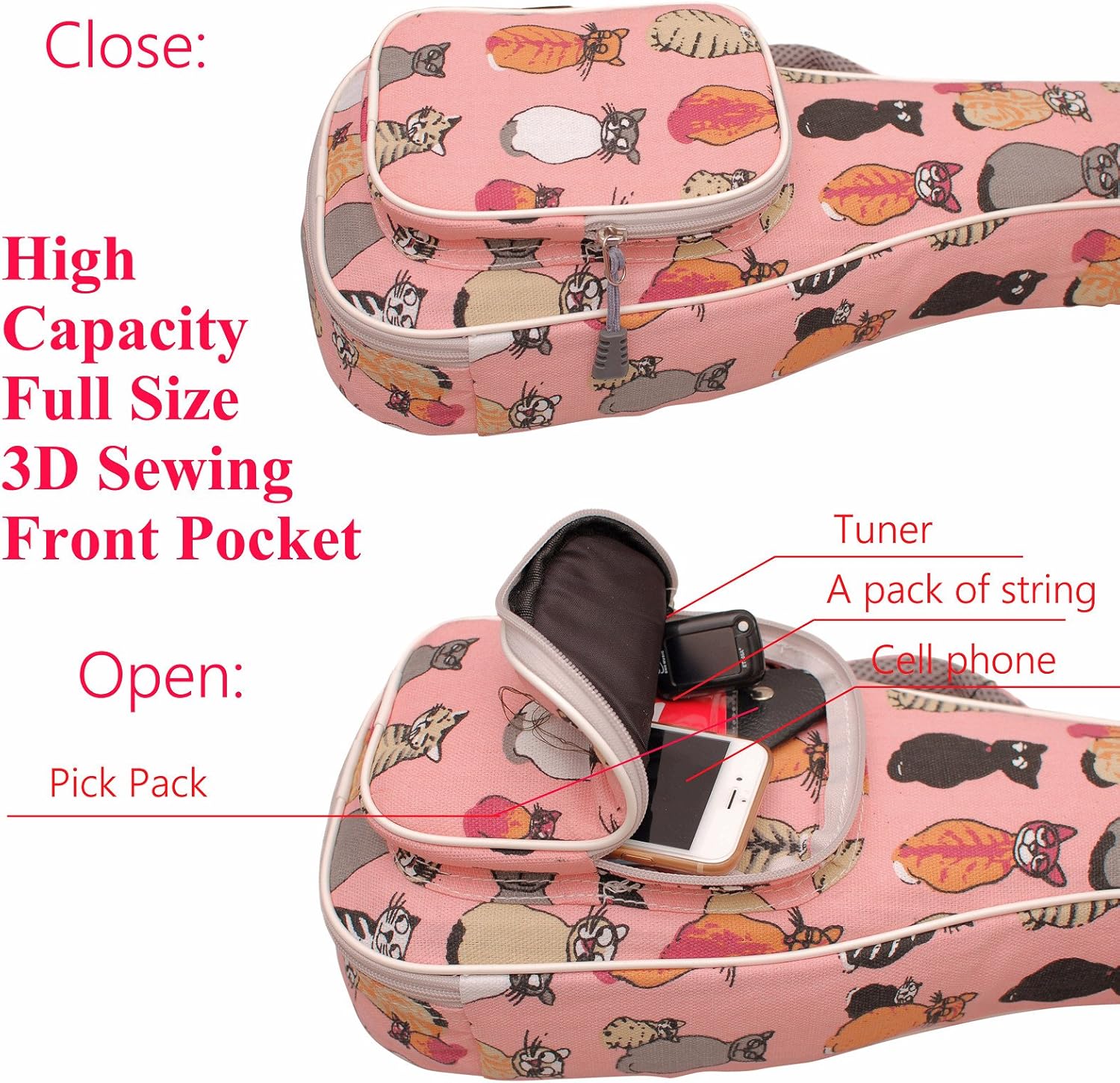 MUSIC FIRST cotton 23/24 inch Concert "MISS CAT" ukulele case ukulele bag ukulele cover, New Arrial, Original Design. - Image 7