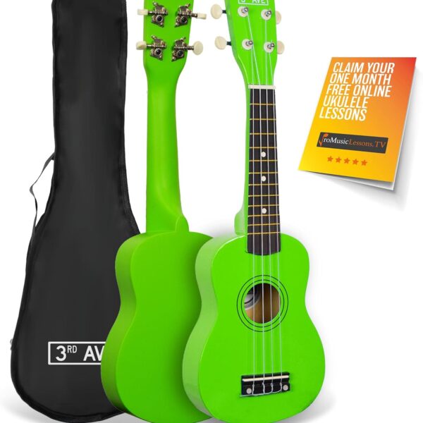 3rd Avenue Soprano Ukulele Beginner 21 Inch 4 Nylon Strings with Free Uke Bag – Green – FREE 1 Month Online Lessons