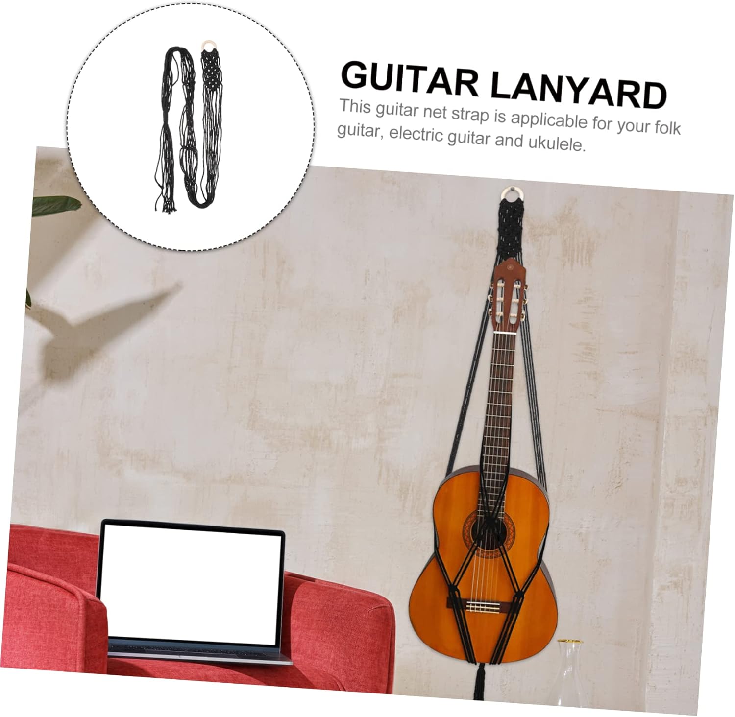 Happyyami Guitar Lanyard Wall Mounted Clothing Rack Macrame Hanging Shelf Hanging Flower Pot String Plant Hanger Ukulele Hanger Guitar Wall Bracket Guitar Net Strap Electric Guitar Belt - Image 4