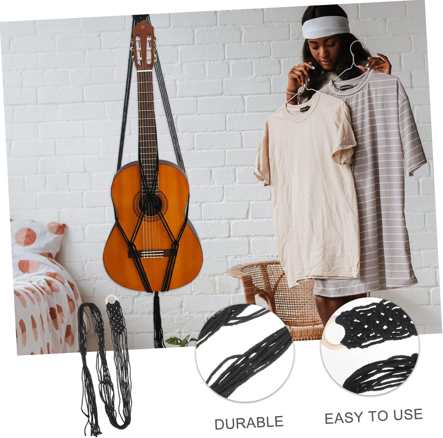 Happyyami Guitar Lanyard Wall Mounted Clothing Rack Macrame Hanging Shelf Hanging Flower Pot String Plant Hanger Ukulele Hanger Guitar Wall Bracket Guitar Net Strap Electric Guitar Belt - Image 9