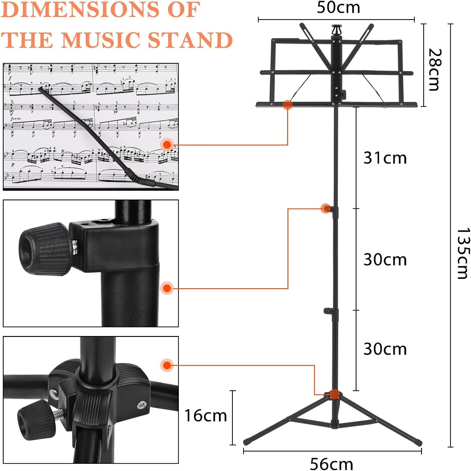 Youyijia Music Stand Music Book Stand Music Stands for Sheet Music Adjustable Heights Sheet Music Stand Holder Portable Folding Metal Music Stand with Carrying Bag for Storage or Travel (Black) - Image 3
