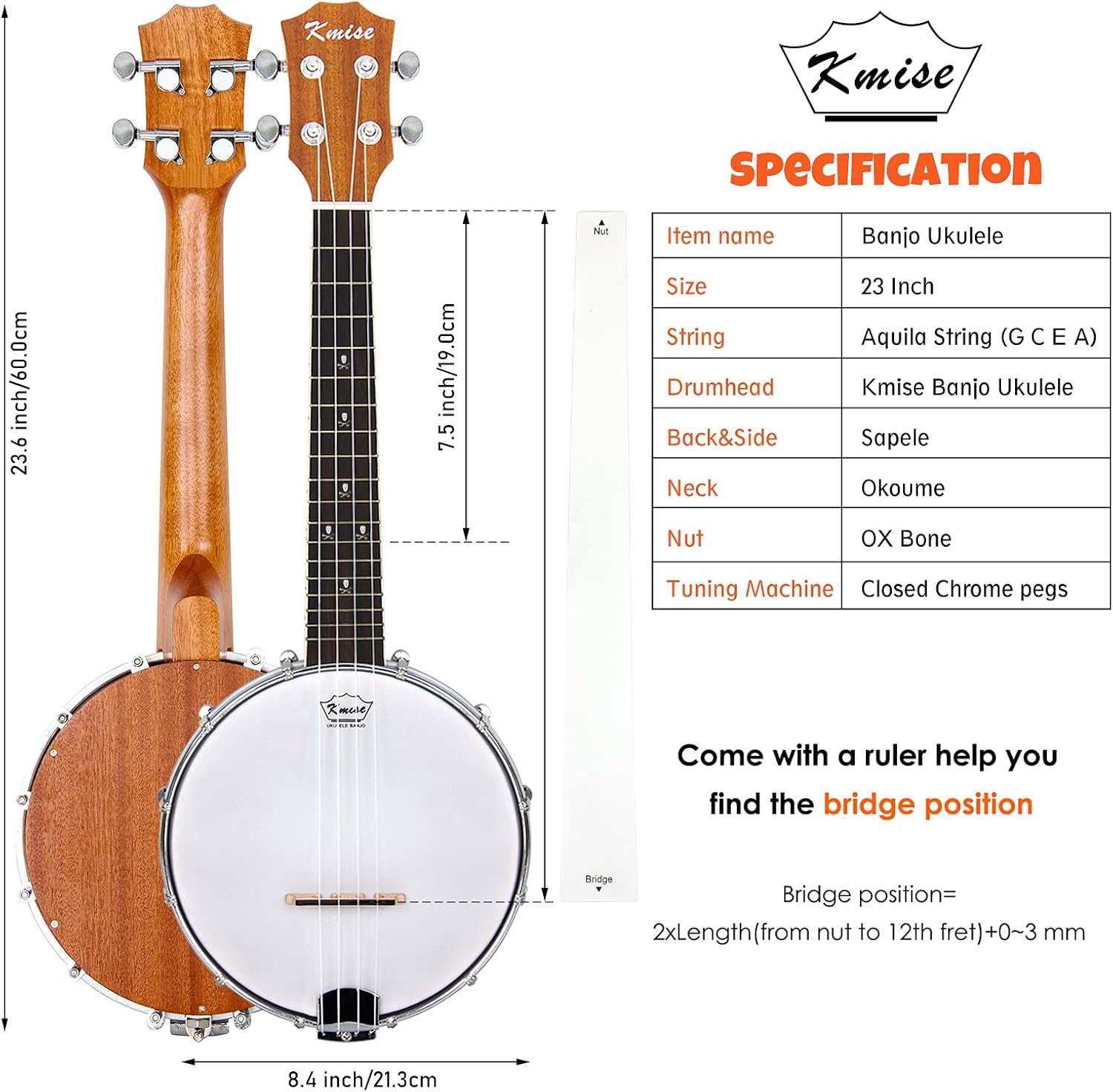 Kmise Banjolele Concert Banjo Ukulele 4 String 23 inch Banjos with Gig Bag Tuner Pickup Multifunctional Strap Strings Picks Bridge Ruler Wrench - Image 8