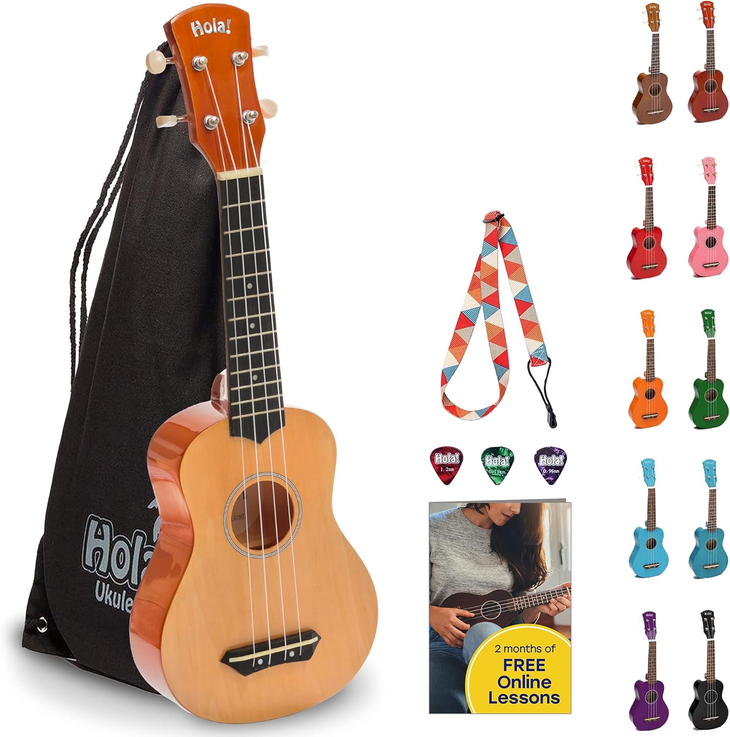 Hola! Music Ukulele for Kids and Adults - 53 cm Soprano Ukuleles for Adults, Beginners and Children - Real Wood String Instruments w/Picks, Strap and Canvas Carry Bag - Musical Instruments - Natural - Image 2