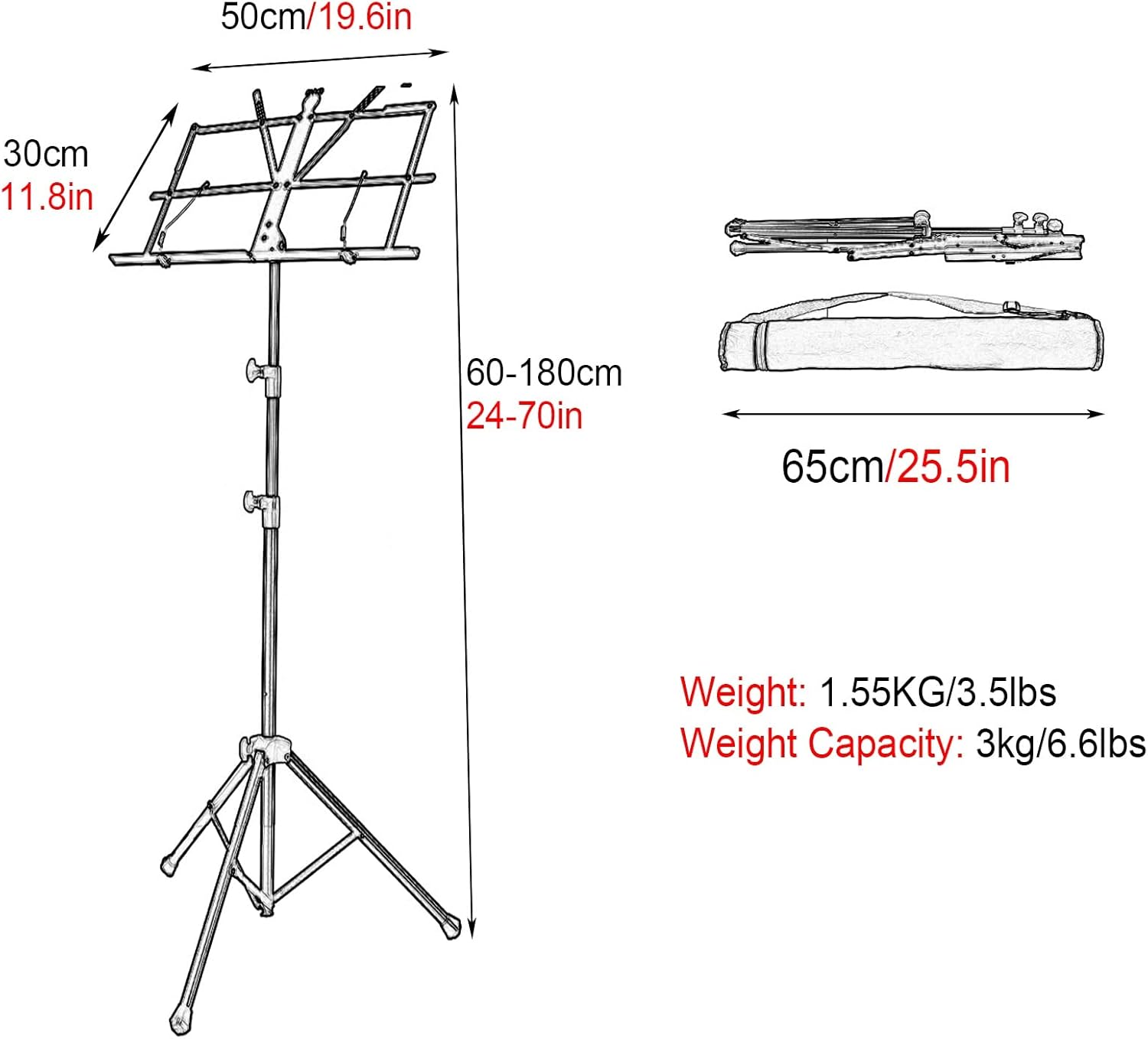 ELQW Collapsible Portable Sheet Music Stand with Carrying Bag, Adjustable Angle Height Guitar Book Holder, Ukulele Floor Stands, Tall 60-180cm - Image 3