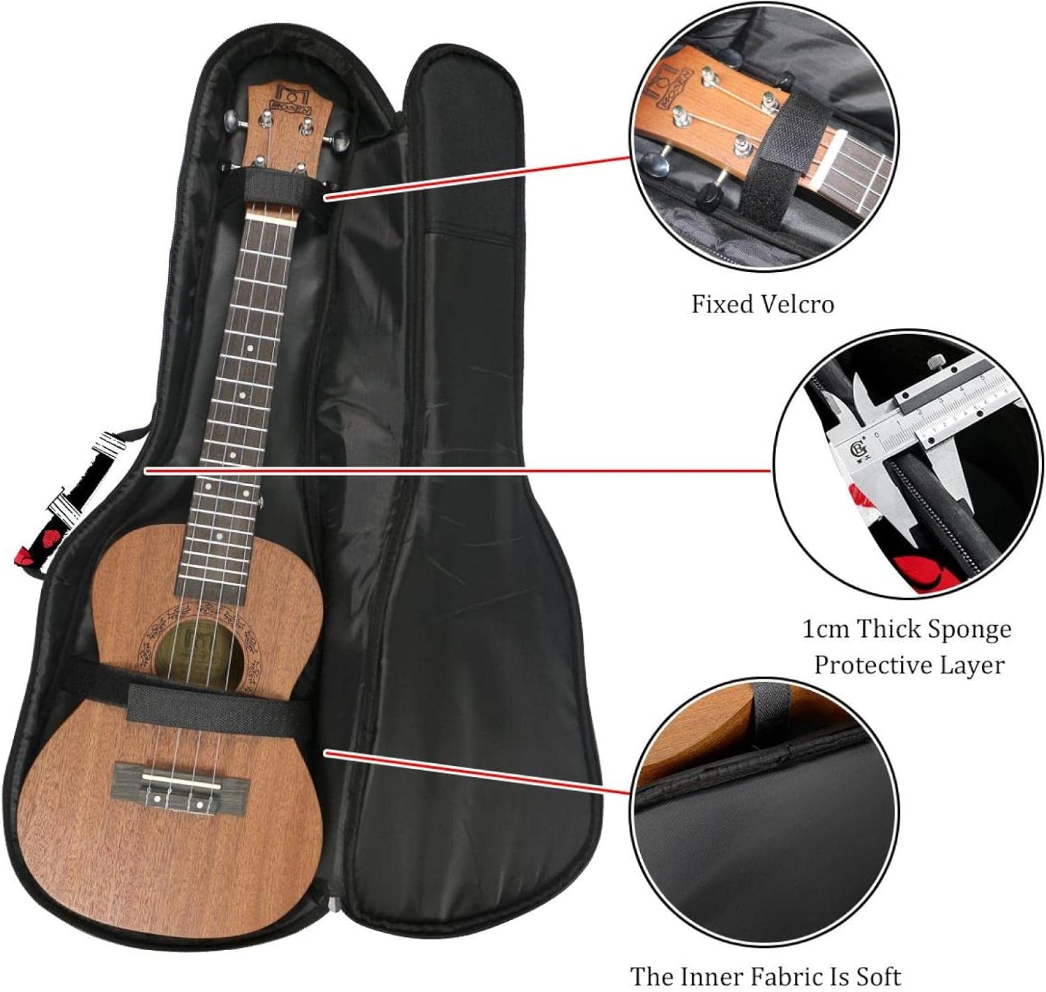 Concert Ukulele Backpack, Heavy Duty Ukulele Case Bag with Storage, Soprano Concert Tenor Ukulele 10MM Padded Bag Lady Red Lipsticks Black White Stripes - Image 2