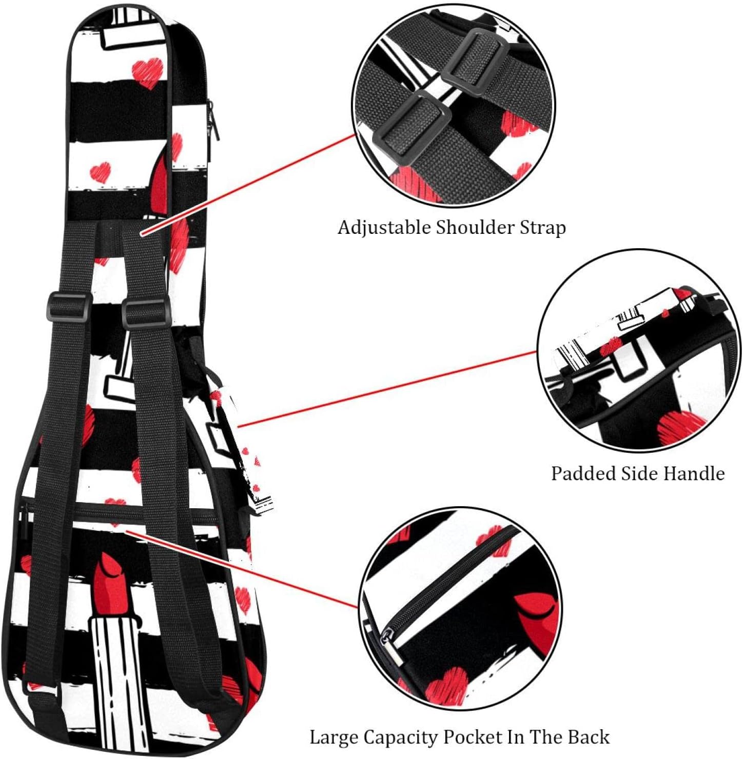 Concert Ukulele Backpack, Heavy Duty Ukulele Case Bag with Storage, Soprano Concert Tenor Ukulele 10MM Padded Bag Lady Red Lipsticks Black White Stripes - Image 3