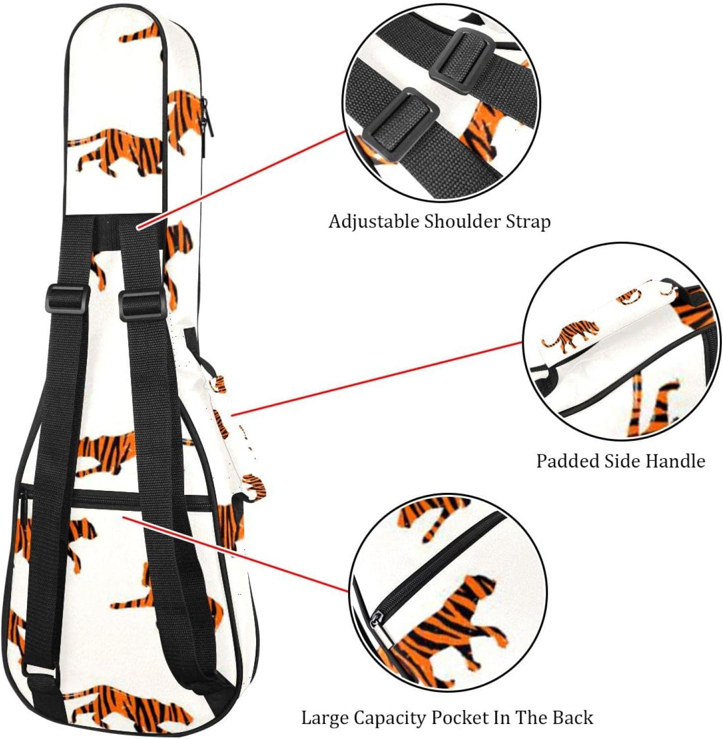 Ukulele Bag Orange Striped Tigers Ukulele Case for Soprano Tenor Concert 23 Inch 10MM Thick Soft Padded Adjustable Straps Gig Bag - Image 3