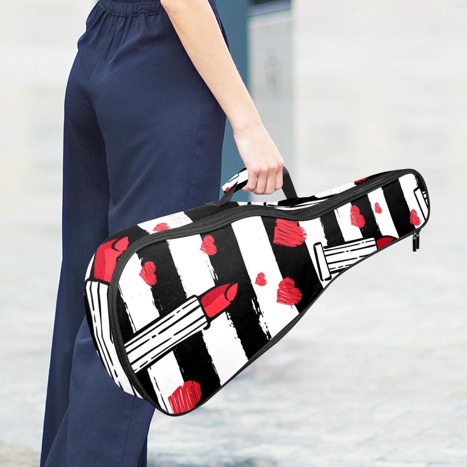 Concert Ukulele Backpack, Heavy Duty Ukulele Case Bag with Storage, Soprano Concert Tenor Ukulele 10MM Padded Bag Lady Red Lipsticks Black White Stripes - Image 6