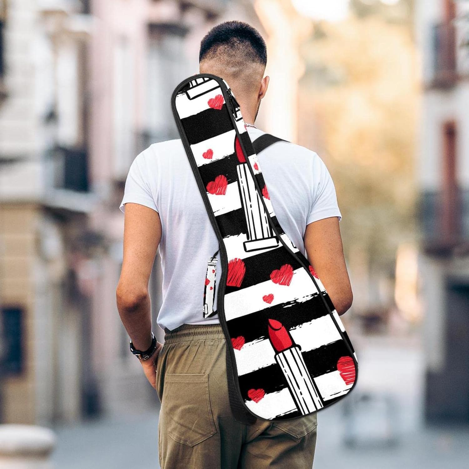 Concert Ukulele Backpack, Heavy Duty Ukulele Case Bag with Storage, Soprano Concert Tenor Ukulele 10MM Padded Bag Lady Red Lipsticks Black White Stripes - Image 5