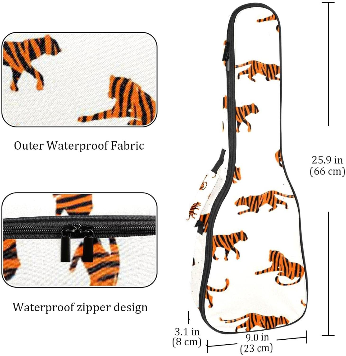 Ukulele Bag Orange Striped Tigers Ukulele Case for Soprano Tenor Concert 23 Inch 10MM Thick Soft Padded Adjustable Straps Gig Bag - Image 4