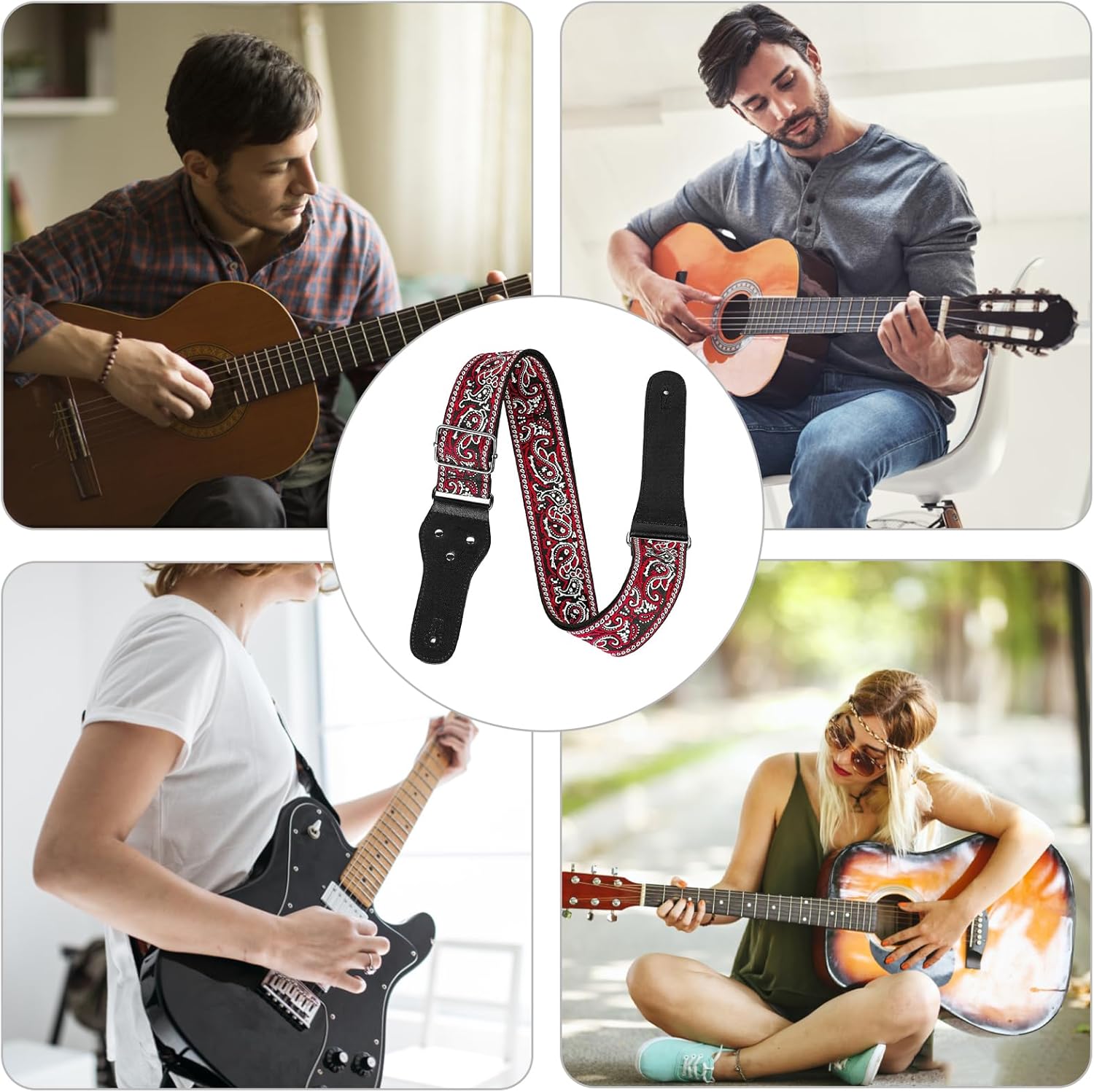 Guitar Strap 2" Wide Electric Guitar Bass Leather Acoustic Guitar Ernie Ball Strap Jacquard Embroidery Guitar Belt with Leather Ends 6 Guitar Picks 2 Strap Locks for Guitarists Gift - Red Gray - Image 9