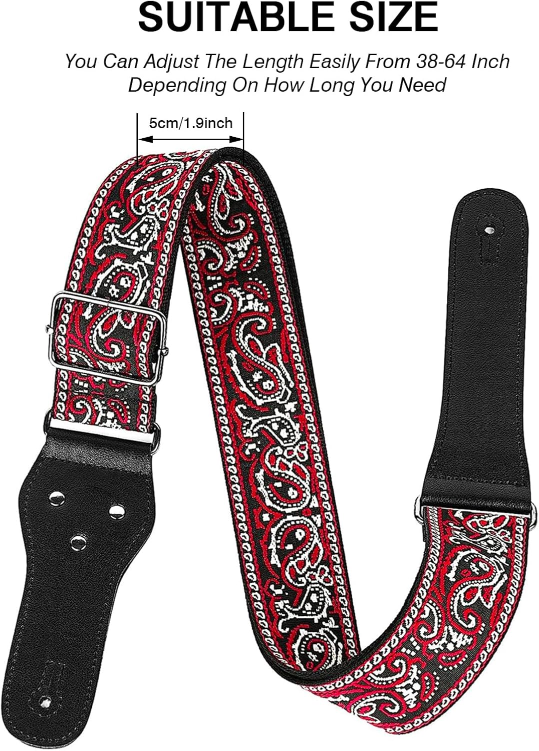 Guitar Strap 2" Wide Electric Guitar Bass Leather Acoustic Guitar Ernie Ball Strap Jacquard Embroidery Guitar Belt with Leather Ends 6 Guitar Picks 2 Strap Locks for Guitarists Gift - Red Gray - Image 5