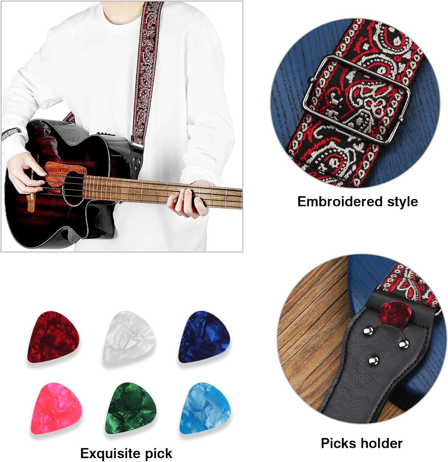 Guitar Strap 2" Wide Electric Guitar Bass Leather Acoustic Guitar Ernie Ball Strap Jacquard Embroidery Guitar Belt with Leather Ends 6 Guitar Picks 2 Strap Locks for Guitarists Gift - Red Gray - Image 7