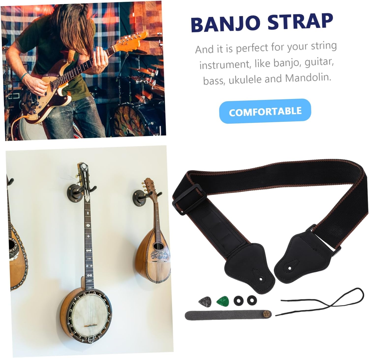 Abaodam 3 Sets Guitar Strap Set Simple Guitar Belt Ukulele Picks Guitar Head Fixing Strap Bass Guitar Strap Electric Guitar Strap Folk Guitar Strap Guitar Neck Strap Ballad Decorate Rubber - Image 8