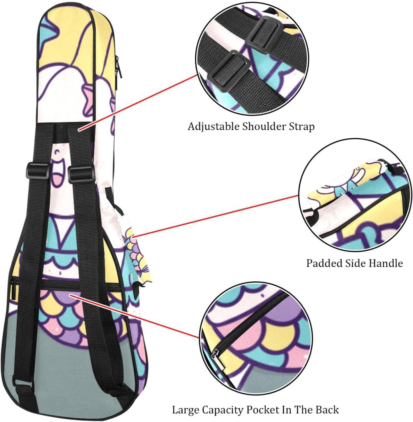 Concert Ukulele Backpack, Heavy Duty Ukulele Case Bag with Storage, Soprano Concert Tenor Ukulele 10MM Padded Bag Cute Mermaid Little Girl - Image 3