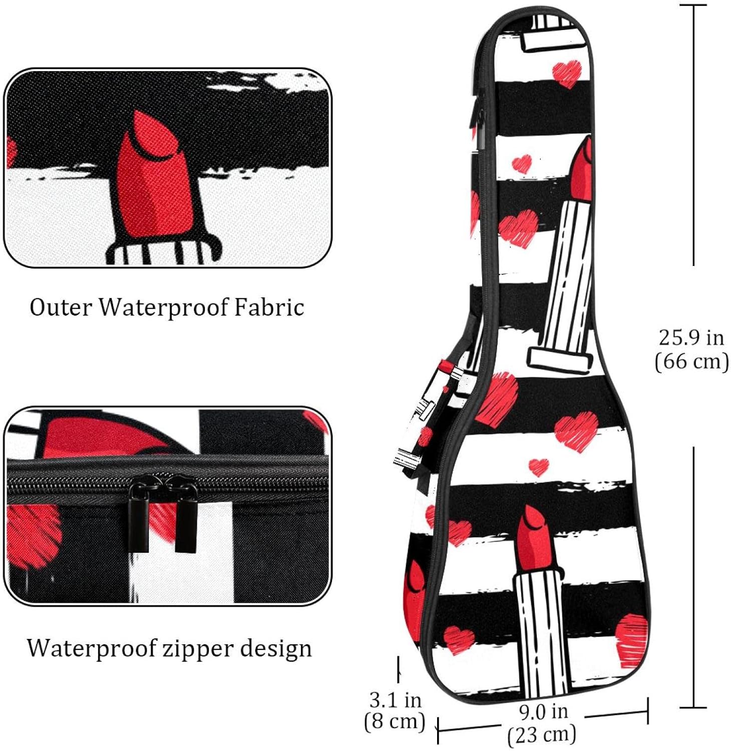 Concert Ukulele Backpack, Heavy Duty Ukulele Case Bag with Storage, Soprano Concert Tenor Ukulele 10MM Padded Bag Lady Red Lipsticks Black White Stripes - Image 4