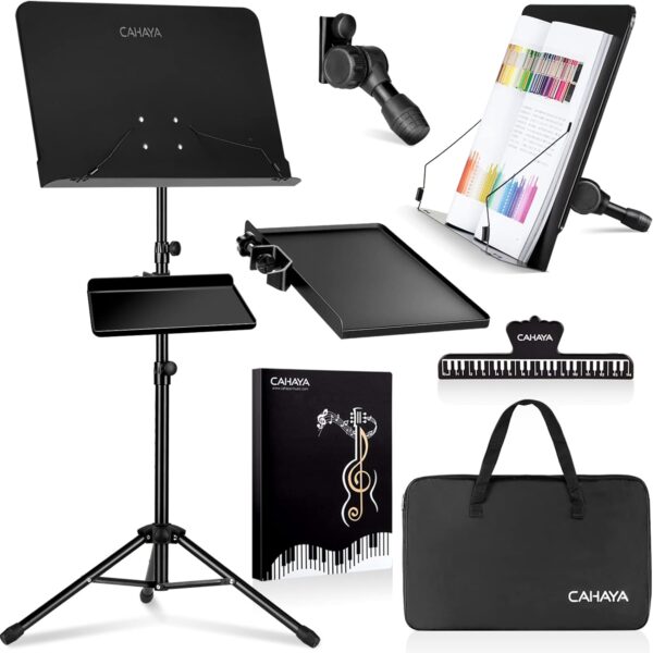CAHAYA Metal Music Stand Foldable Height Adjustable with Mounting Tray & Table Book Stand with Waterproof Carry Bag for Guitar, Ukulele, Violin etc CY0194+CY0320