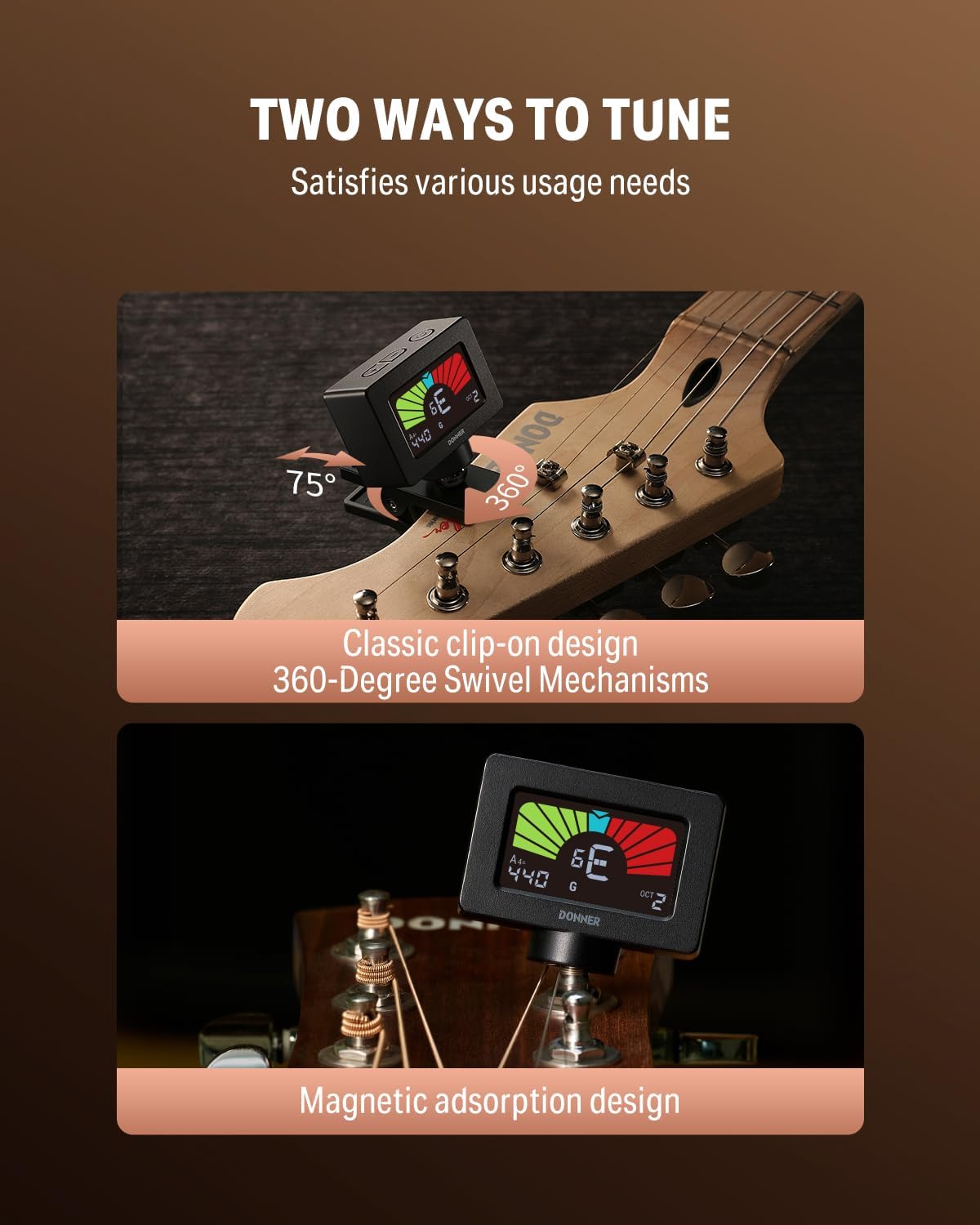 Donner Guitar Tuner Clip On Magnetic Guitar Tuner with Color LCD ...