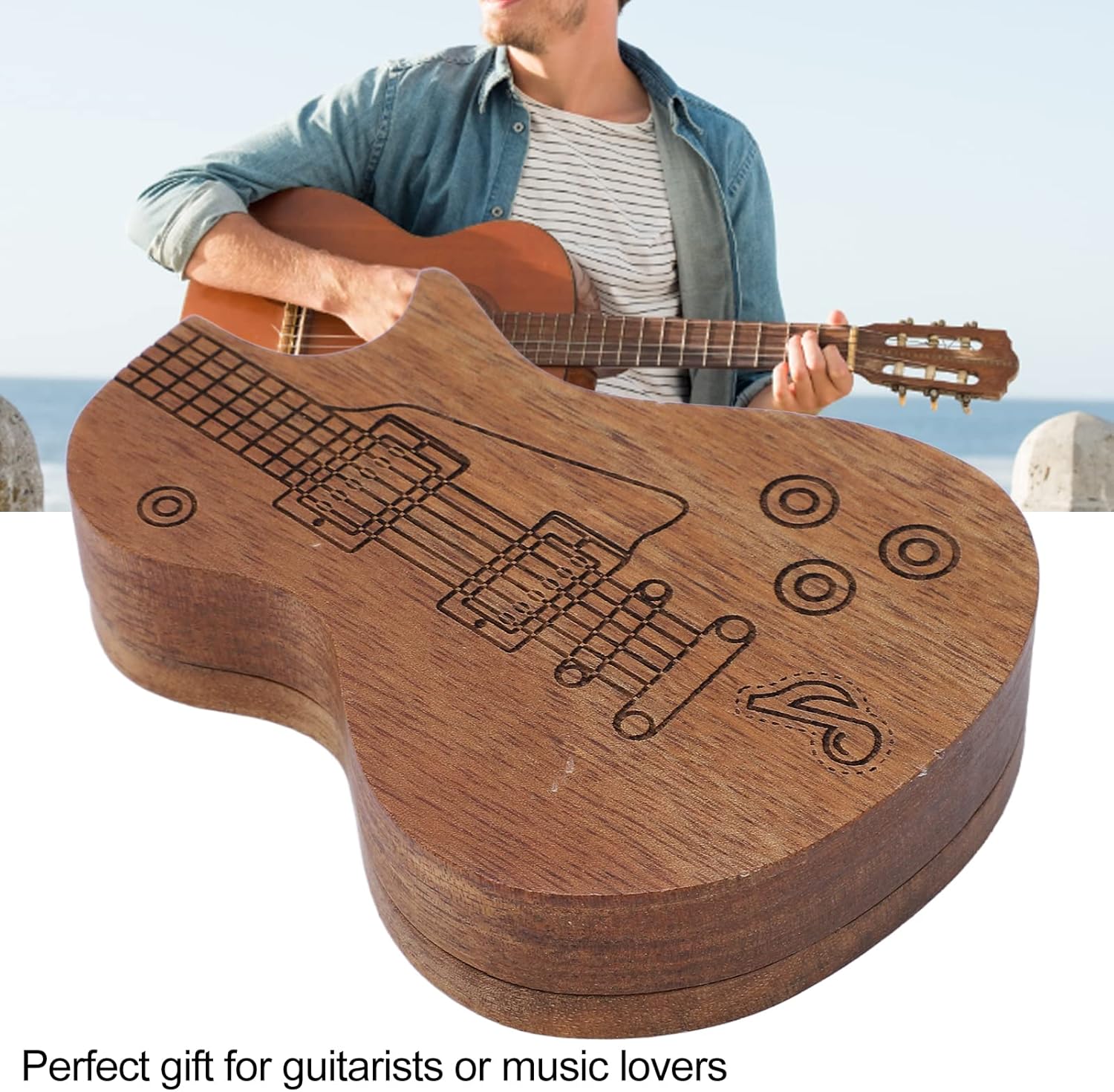 Yosoo Health Gear Guitar Picks Personalised Holder Case, Mini Wooden Guitar Shaped Pick Holder Ukulele Bass Picks Storage Box Guitar Plectrums Container for Guitarist Music Lovers Gifts - Image 4