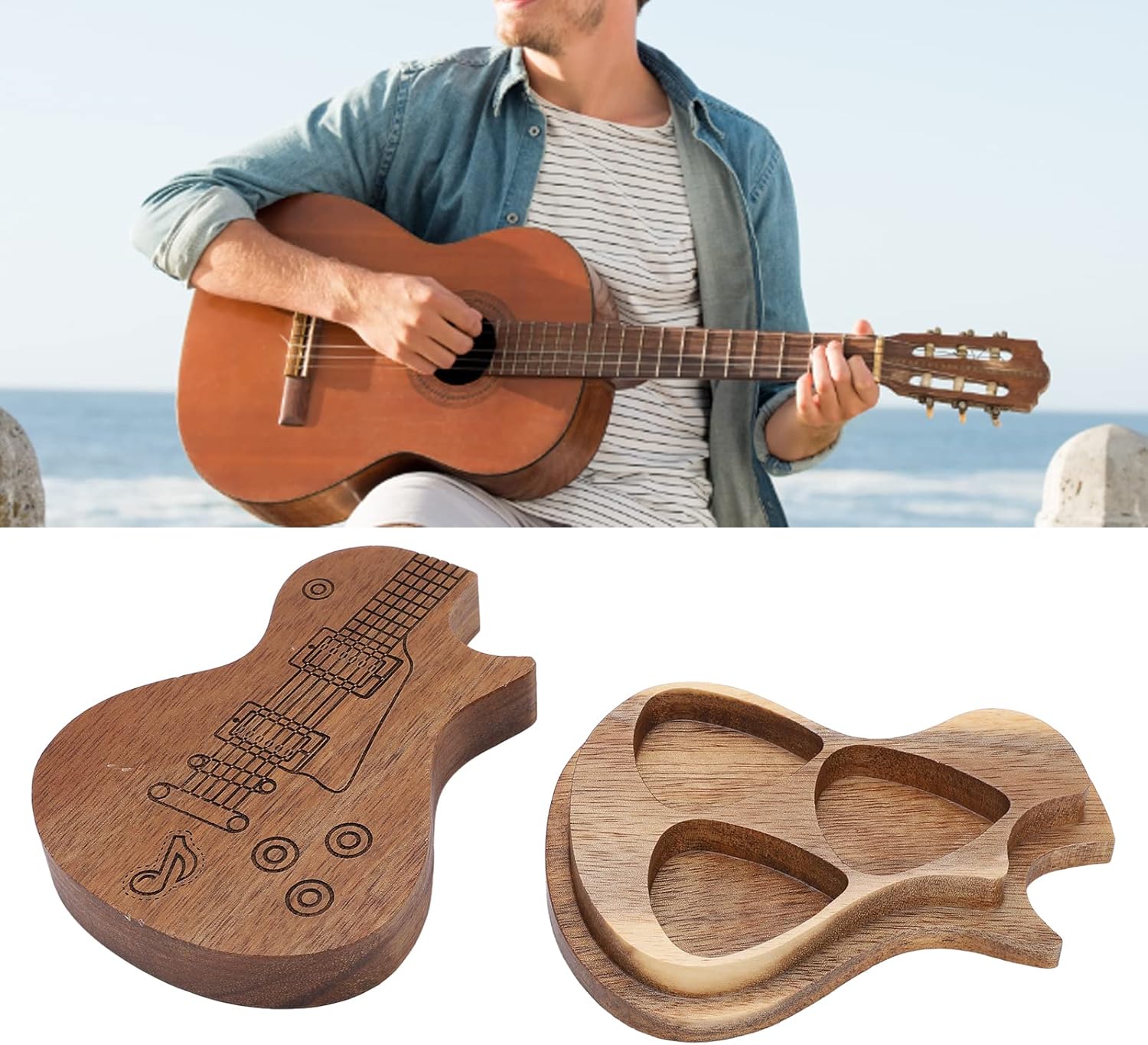 Yosoo Health Gear Guitar Picks Personalised Holder Case, Mini Wooden Guitar Shaped Pick Holder Ukulele Bass Picks Storage Box Guitar Plectrums Container for Guitarist Music Lovers Gifts - Image 5