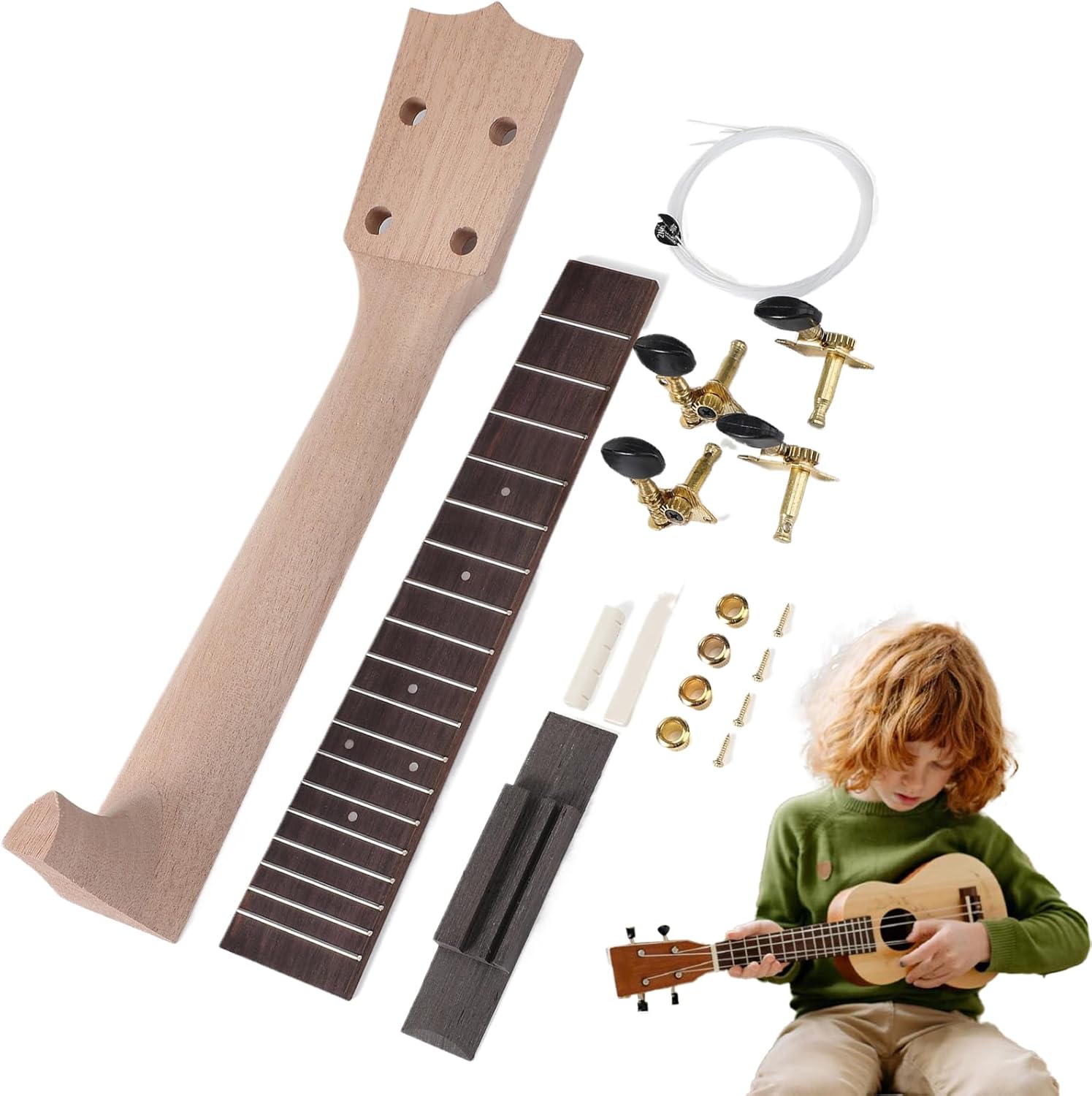 Kit Per Costruire Ukulele – Manico In Legno Con Tastiera In Palissandro, Meccaniche 2L2R, Ponte E Corde Incluse, Istruzioni Passo-passo - Foto 3