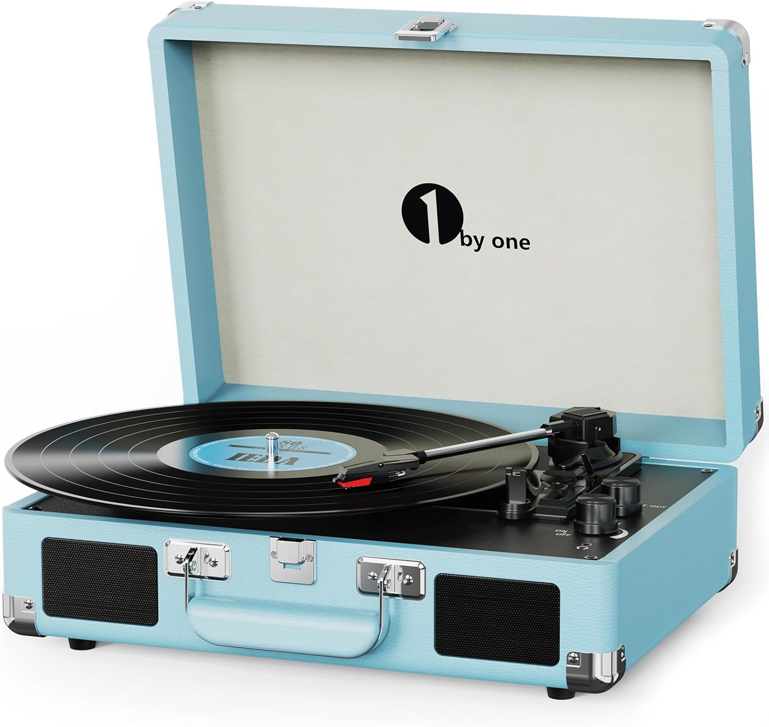 1 BY ONE Bluetooth Record Player Belt-Drive 3-Speed Portable Vinyl Turntable with Built in Speakers, Supports RCA Output, Headphone Jack, MP3, Mobile Phones Music Playback, Turquoise - Image 2