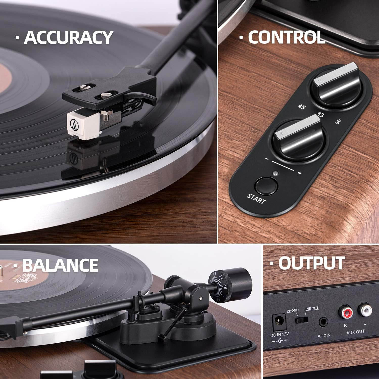 1 BY ONE High Fidelity Belt Drive Bluetooth Turntable with Built-in Speakers, Vinyl Record Player with Magnetic Cartridge, Wireless Playback and Aux-in Functionality, Auto Off - Image 3