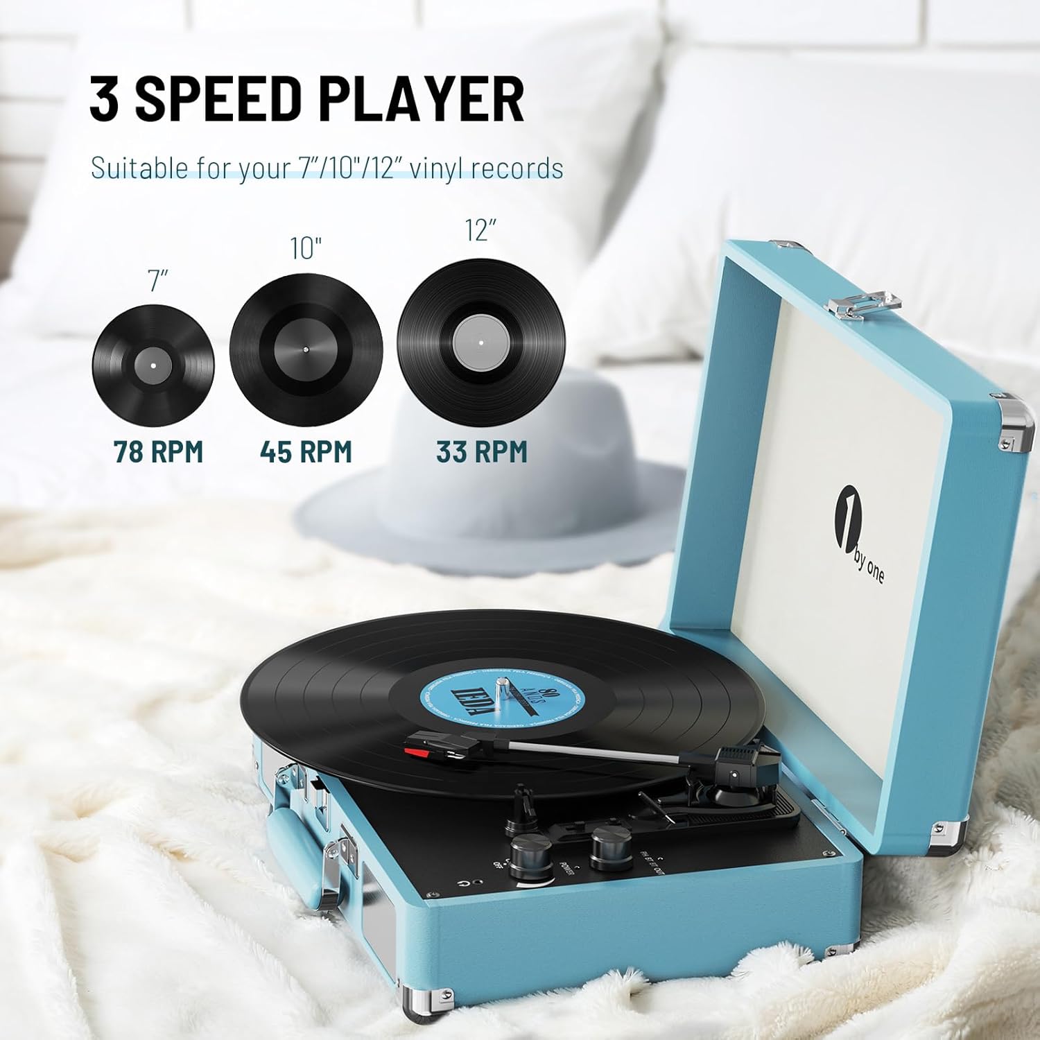 1 BY ONE Bluetooth Record Player Belt-Drive 3-Speed Portable Vinyl Turntable with Built in Speakers, Supports RCA Output, Headphone Jack, MP3, Mobile Phones Music Playback, Turquoise - Image 3