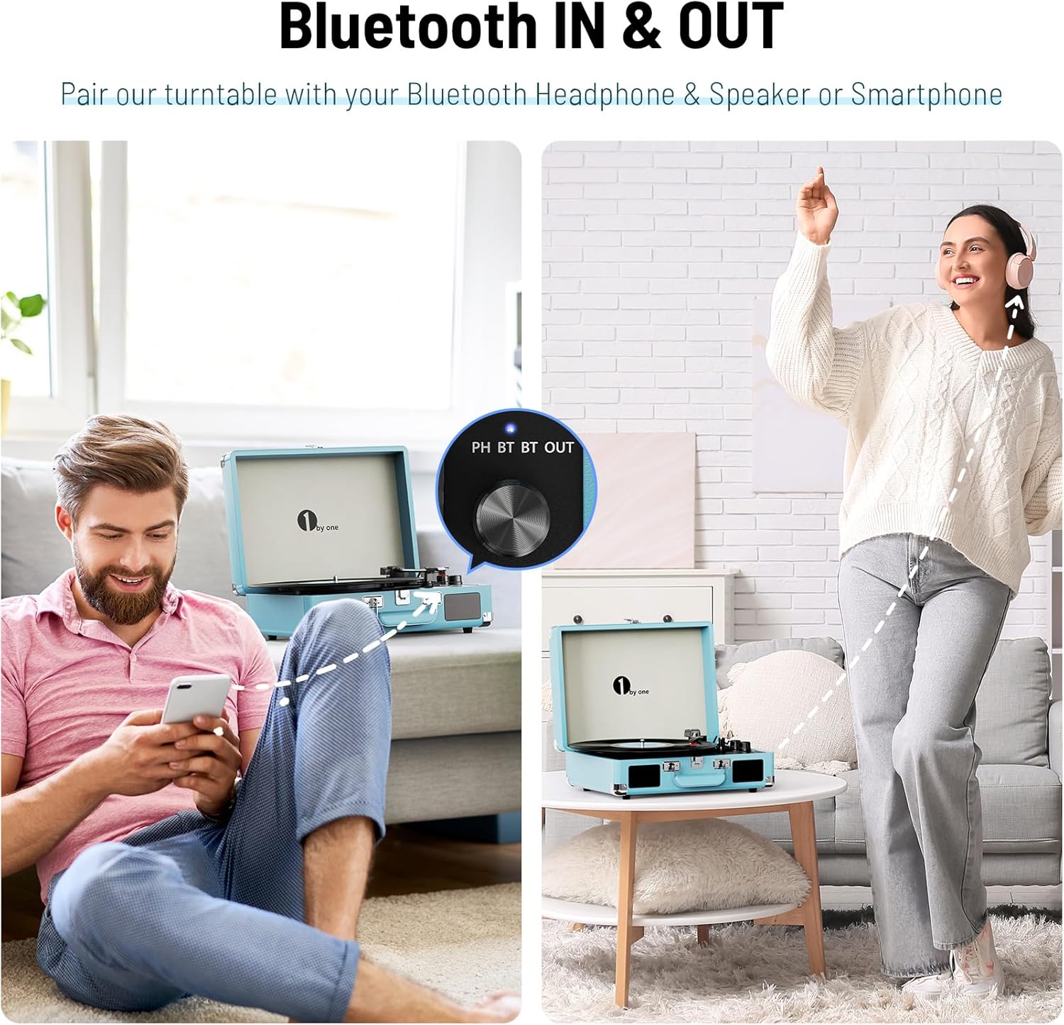 1 BY ONE Bluetooth Record Player Belt-Drive 3-Speed Portable Vinyl Turntable with Built in Speakers, Supports RCA Output, Headphone Jack, MP3, Mobile Phones Music Playback, Turquoise - Image 4