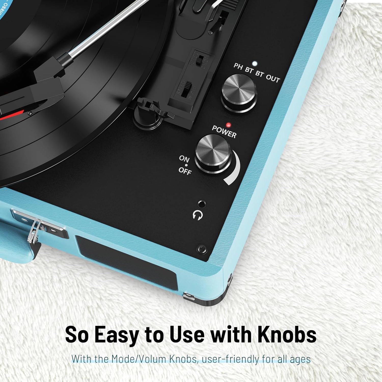 1 BY ONE Bluetooth Record Player Belt-Drive 3-Speed Portable Vinyl Turntable with Built in Speakers, Supports RCA Output, Headphone Jack, MP3, Mobile Phones Music Playback, Turquoise - Image 5