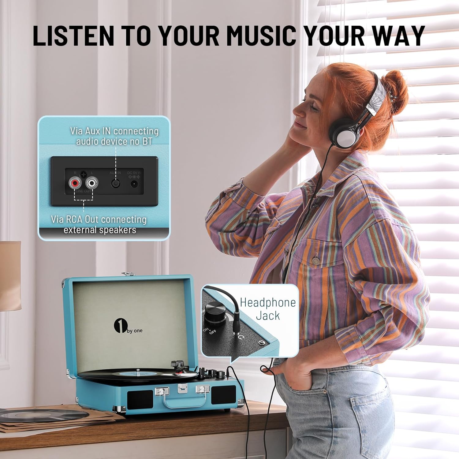 1 BY ONE Bluetooth Record Player Belt-Drive 3-Speed Portable Vinyl Turntable with Built in Speakers, Supports RCA Output, Headphone Jack, MP3, Mobile Phones Music Playback, Turquoise - Image 6