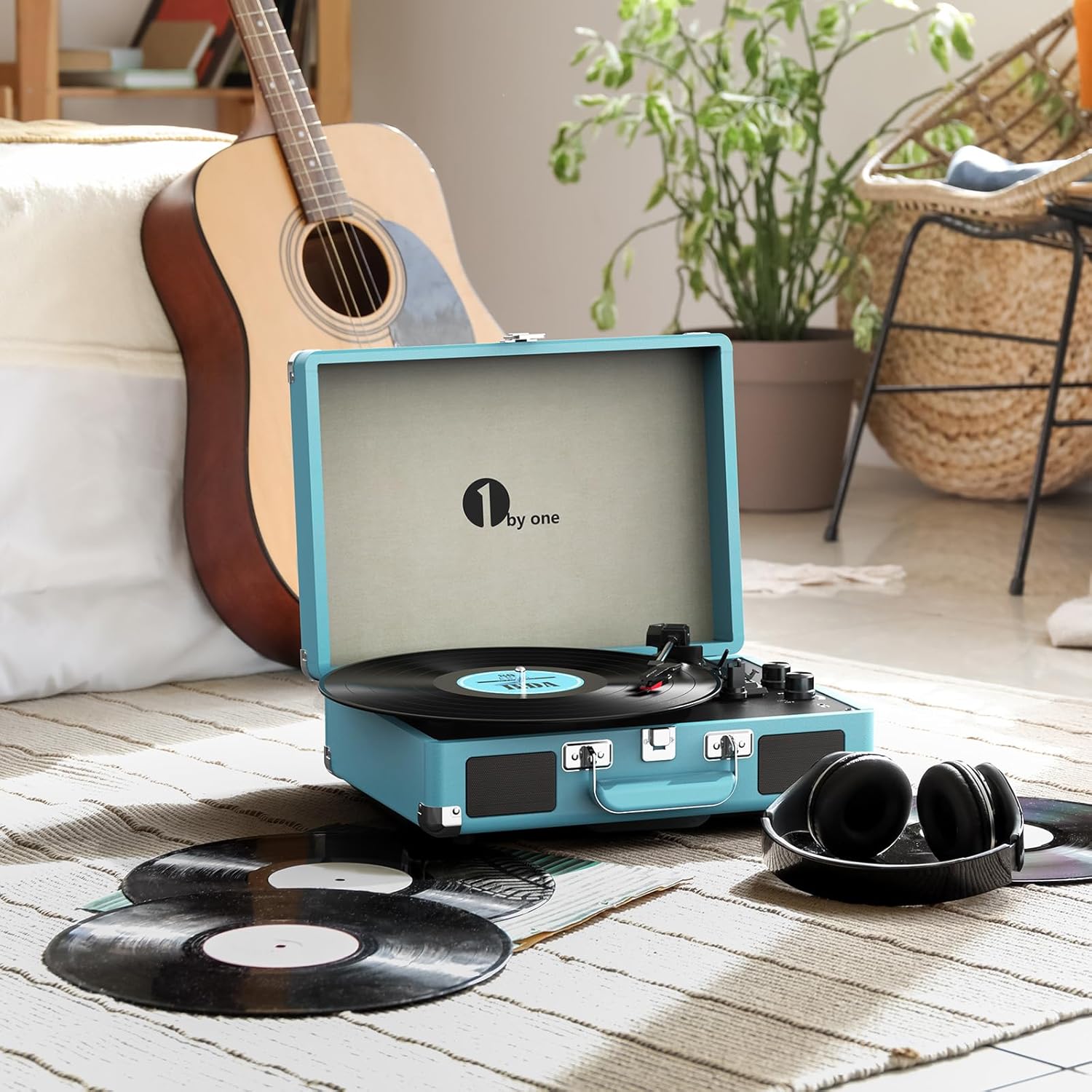 1 BY ONE Bluetooth Record Player Belt-Drive 3-Speed Portable Vinyl Turntable with Built in Speakers, Supports RCA Output, Headphone Jack, MP3, Mobile Phones Music Playback, Turquoise - Image 8