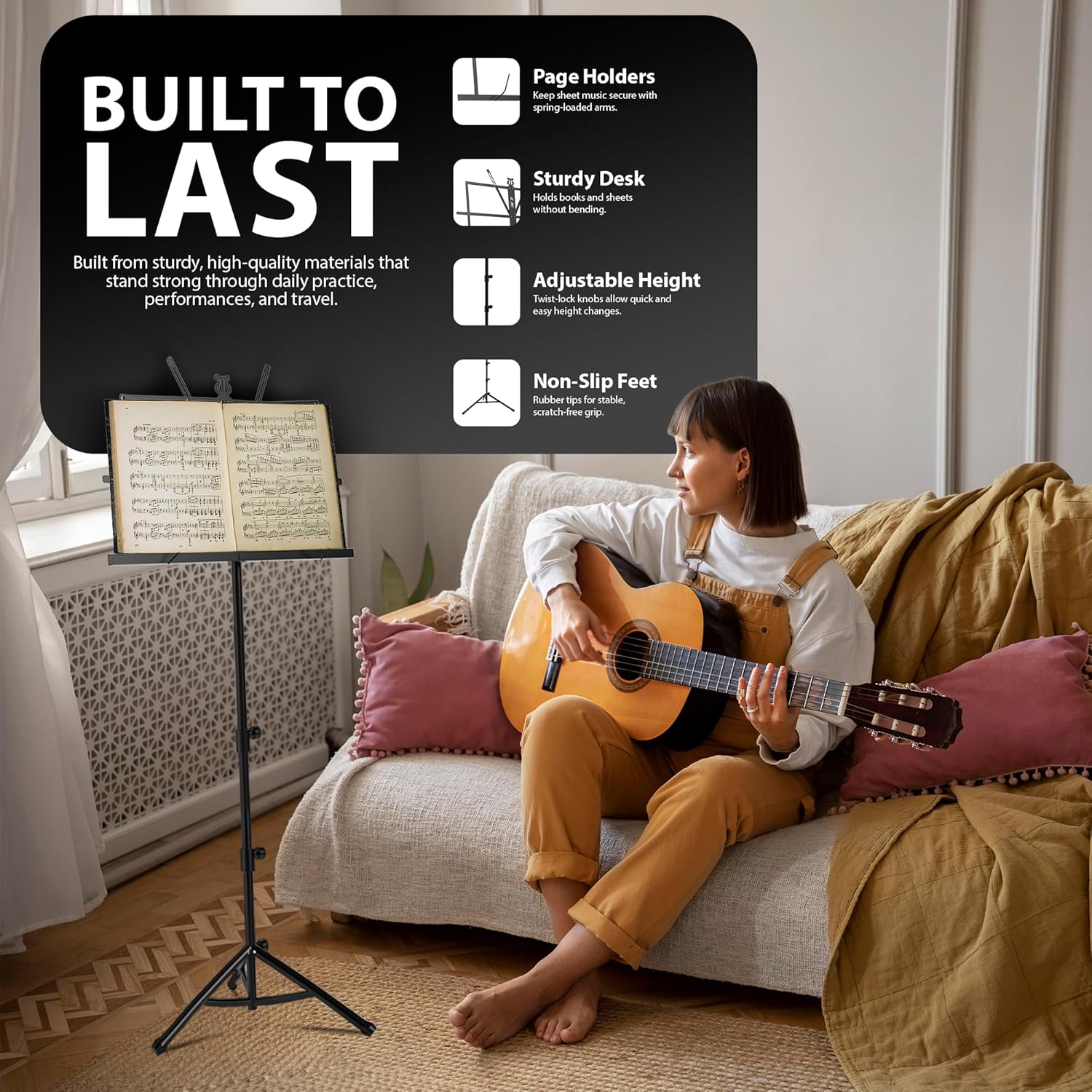 ZENO Music Stand | Music Stands for Sheet Music, Books, Notes | Music Sheet Stand with Music Sheet Clip Holder, Foldable Design & FREE Carry Bag | Heavy Duty Stand | Easy To Carry | Unfolds In Seconds - Image 3