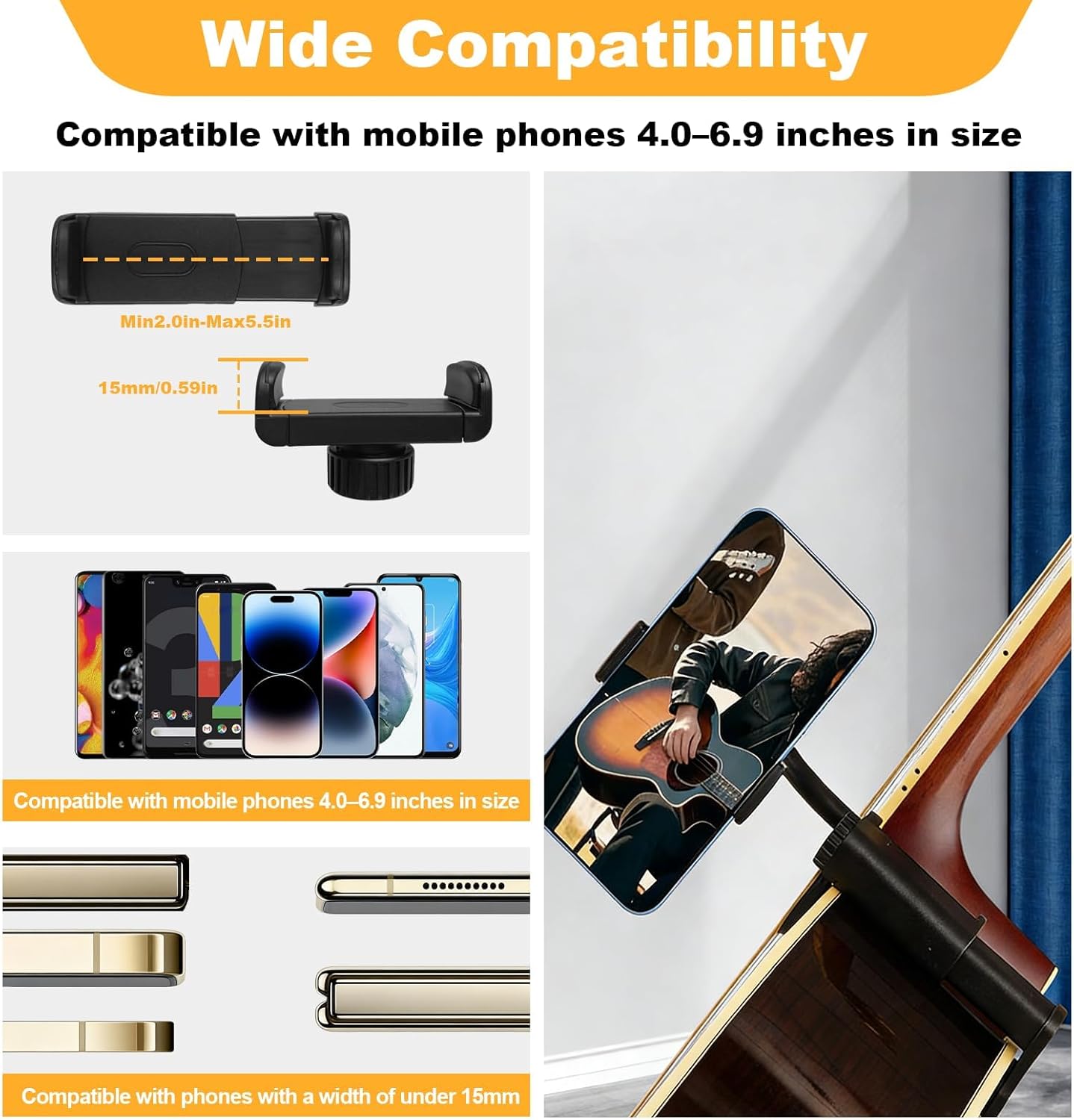 Guitar Head Phone Holder, Universal Smartphone Mount for Guitar Ukulele Plastic 360° Rotating and Adjustable Suitable for Live Broadcast Streaming Online Teaching Video Recording - Image 4