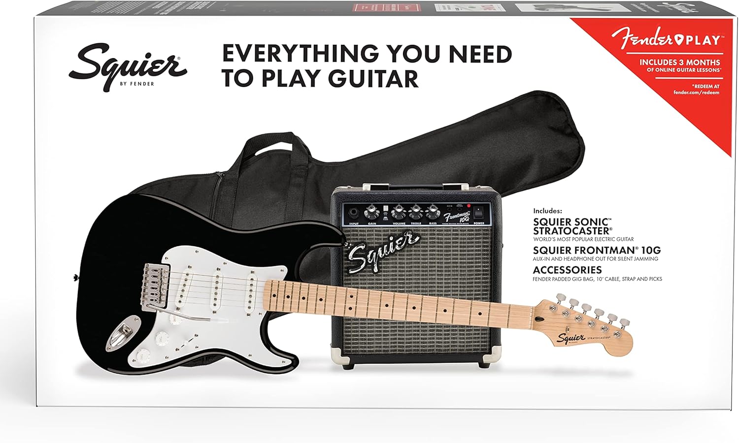 Squier by Fender Sonic Stratocaster Electric Guitar Pack, Maple Fingerboard in Black, Gig Bag, Squier Frontman 10W Amp, Picks, Strap, Cable, Comes with Free Virtual Lessons - Image 3