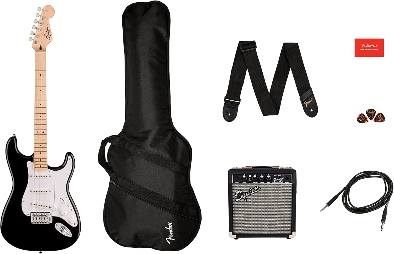 Squier by Fender Sonic Stratocaster Electric Guitar Pack, Maple Fingerboard in Black, Gig Bag, Squier Frontman 10W Amp, Picks, Strap, Cable, Comes with Free Virtual Lessons - Image 2