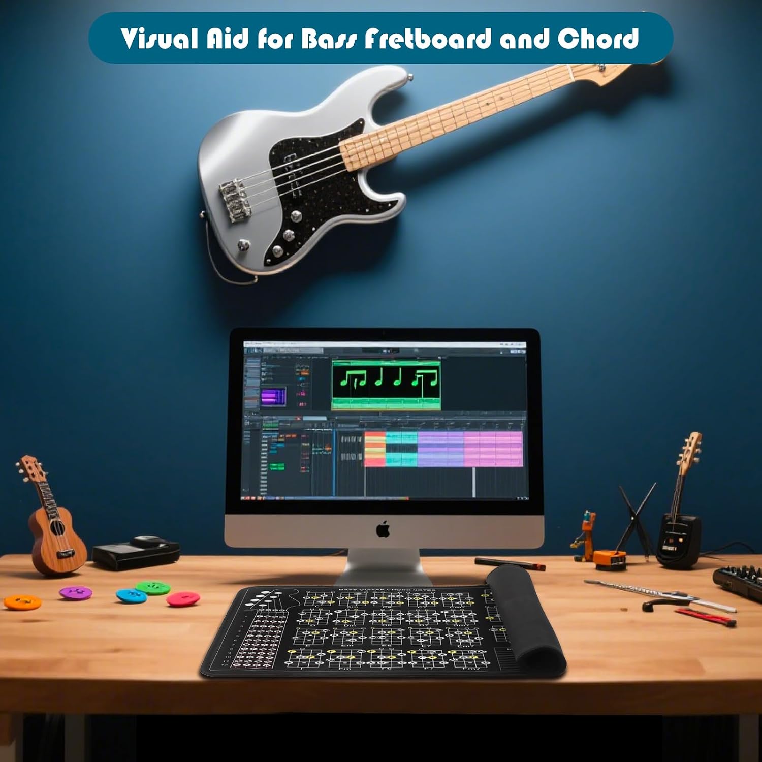 4 String Bass Guitar Practise Mat Theory Mat with Fretboard Notes Chord Notes Interval Knowledge Chord Formula Knowledge Theory for Bass Beginner Enthusiasts - Image 5